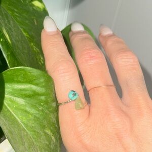 Pale blue Chrysocolla and peridot are wrapped ring